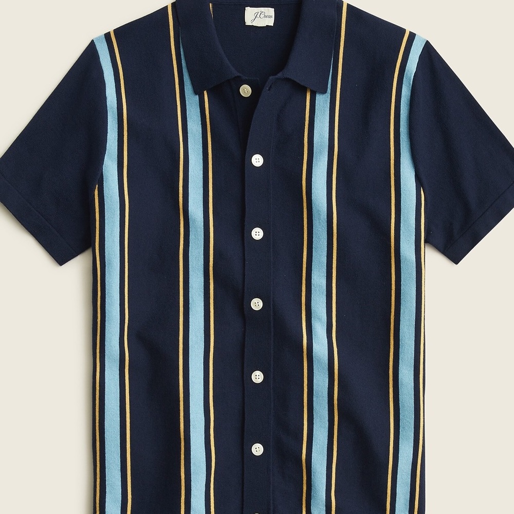J.Crew Short-Sleeve Cotton Cardigan Sweater-Polo in Navy Stripe
